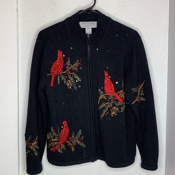 Heirloom Collectibles Sweaters - Heirloom Collectibles black knit zip up cardigan cardinals holly embroidered PM